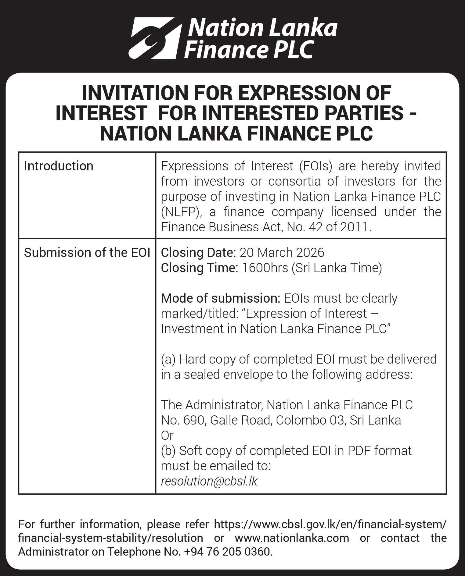 Nation Lanka Finance PLC official notice document preview